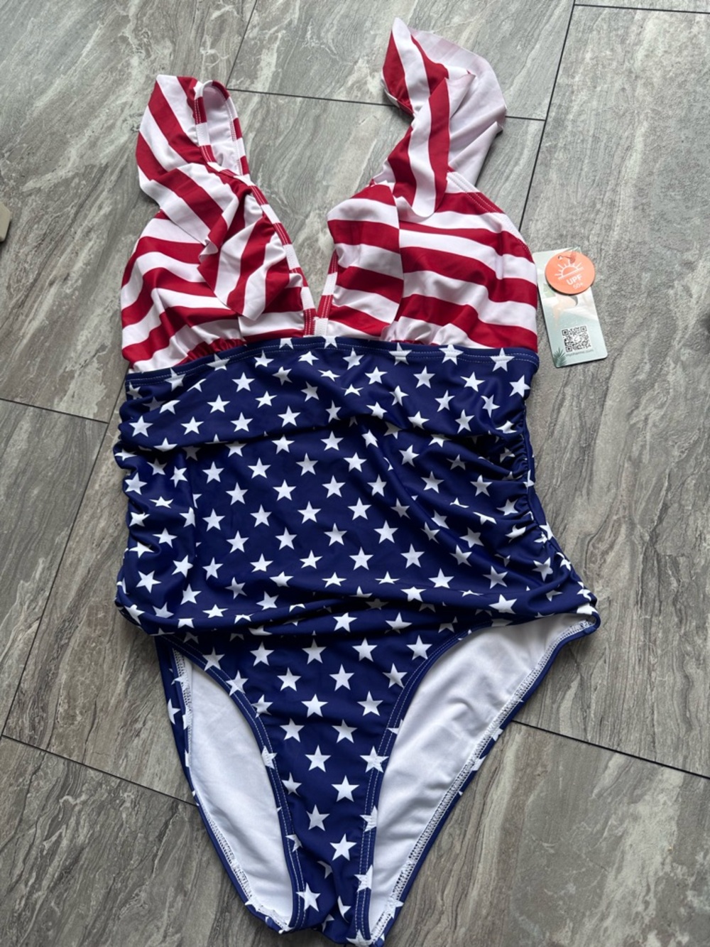American Flag Ruffled Wrinkles One Piece Swimsuit L